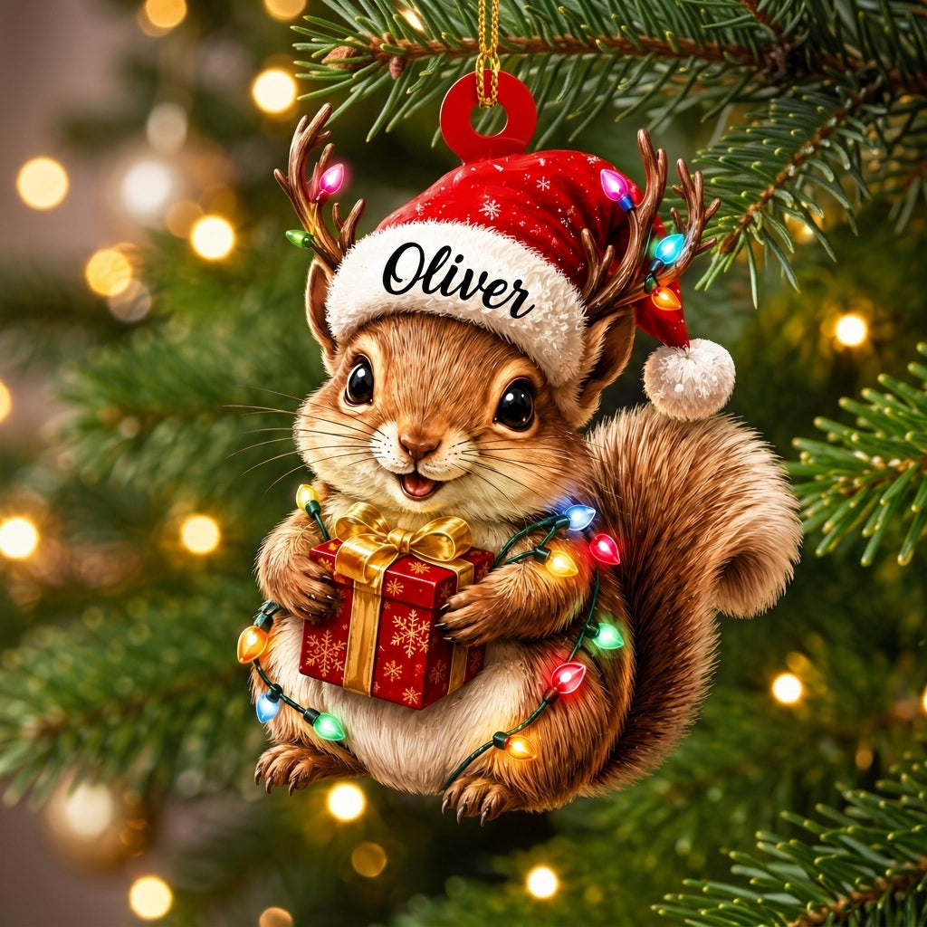 Personalized Cute Squirrel with Santa Hat and Reindeer Antlers Wood & Acrylic Ornament - mockup 1