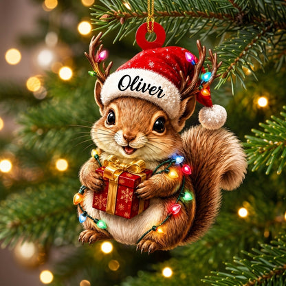 Personalized Cute Squirrel with Santa Hat and Reindeer Antlers Wood & Acrylic Ornament - mockup 1