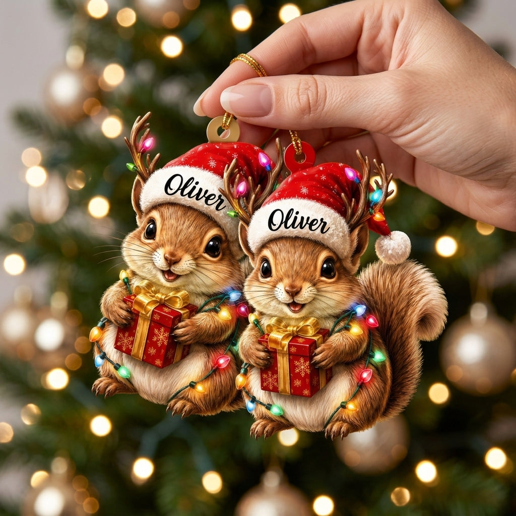 Personalized Cute Squirrel with Santa Hat and Reindeer Antlers Wood & Acrylic Ornament - mockup 2