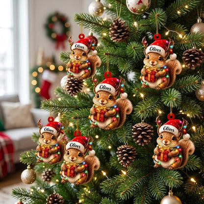Personalized Cute Squirrel with Santa Hat and Reindeer Antlers Wood & Acrylic Ornament - mockup 3