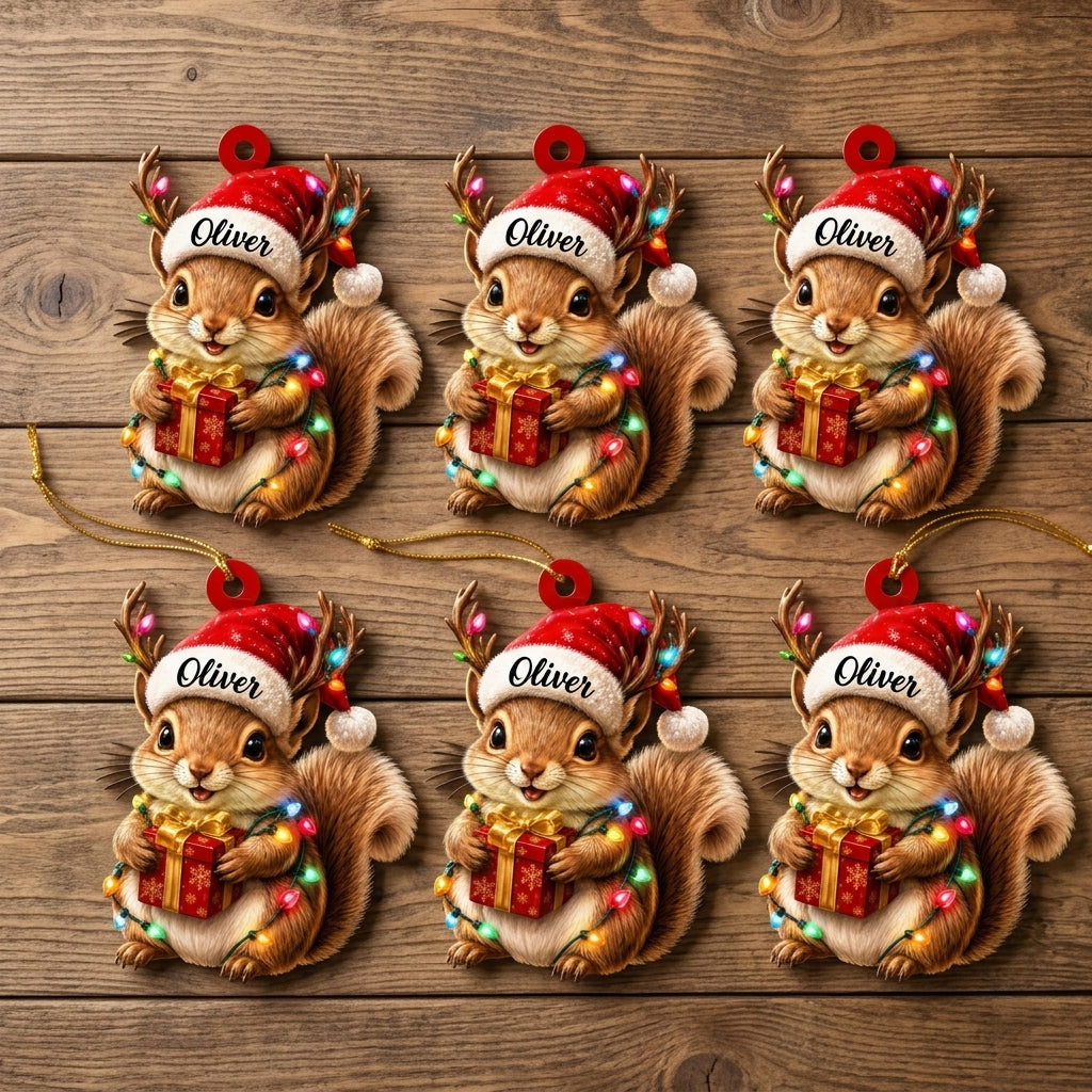 Personalized Cute Squirrel with Santa Hat and Reindeer Antlers Wood & Acrylic Ornament - mockup 4