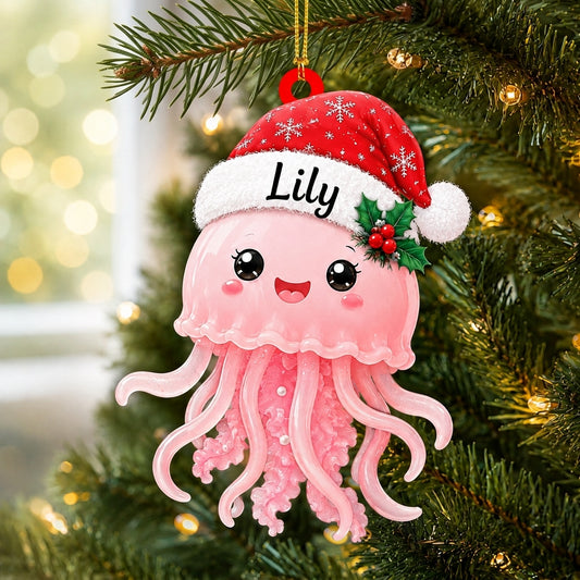 Personalized Cute Jellyfish Smiling with Santa Hat Wood & Acrylic Ornament - Custom Name Gift - mockup 1