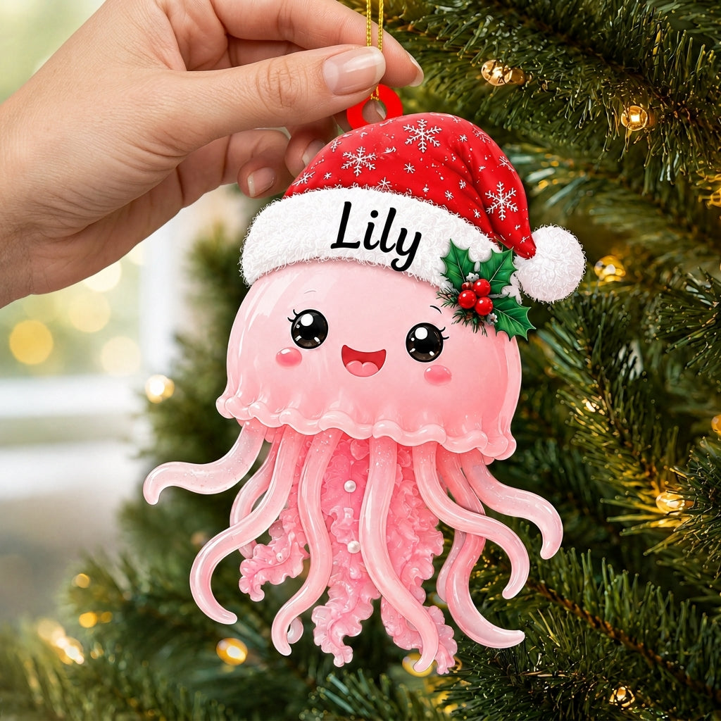 Personalized Cute Jellyfish Smiling with Santa Hat Wood & Acrylic Ornament - Custom Name Gift - mockup 2