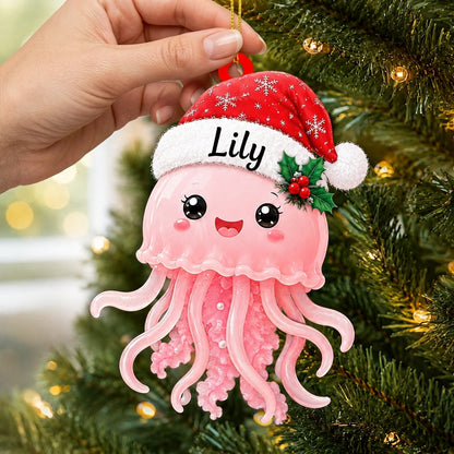 Personalized Cute Jellyfish Smiling with Santa Hat Wood & Acrylic Ornament - Custom Name Gift - mockup 2