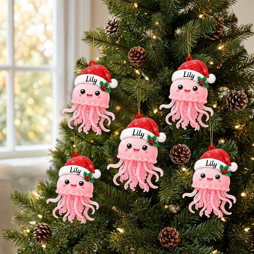 Personalized Cute Jellyfish Smiling with Santa Hat Wood & Acrylic Ornament - Custom Name Gift - mockup 3