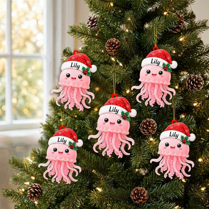 Personalized Cute Jellyfish Smiling with Santa Hat Wood & Acrylic Ornament - Custom Name Gift - mockup 3