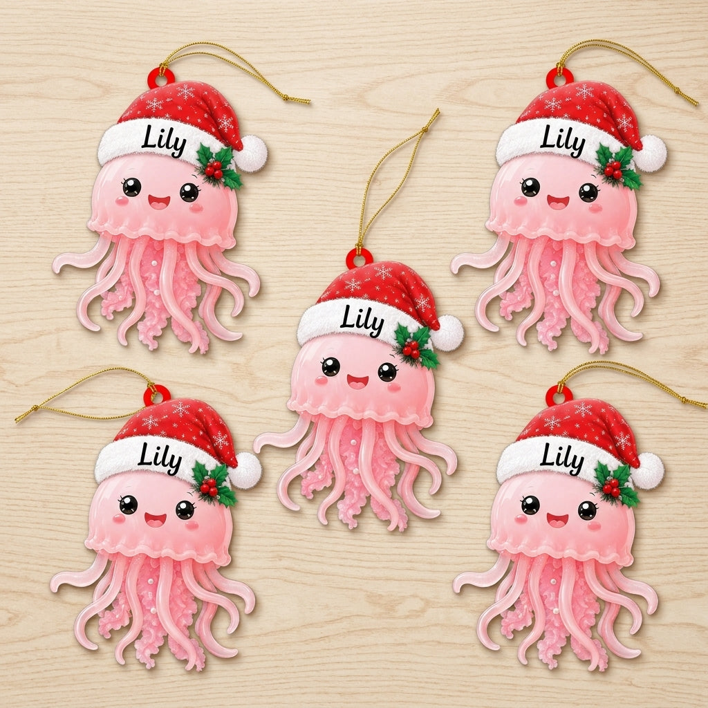 Personalized Cute Jellyfish Smiling with Santa Hat Wood & Acrylic Ornament - Custom Name Gift - mockup 4