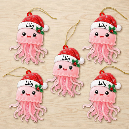 Personalized Cute Jellyfish Smiling with Santa Hat Wood & Acrylic Ornament - Custom Name Gift - mockup 4