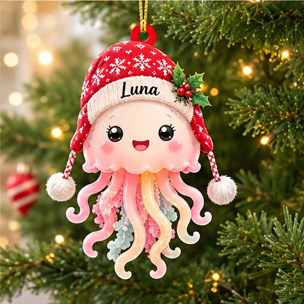 Personalized Cute Jellyfish Smiling Christmas Wood & Acrylic Ornament – Custom Name Holiday Gift - mockup 1