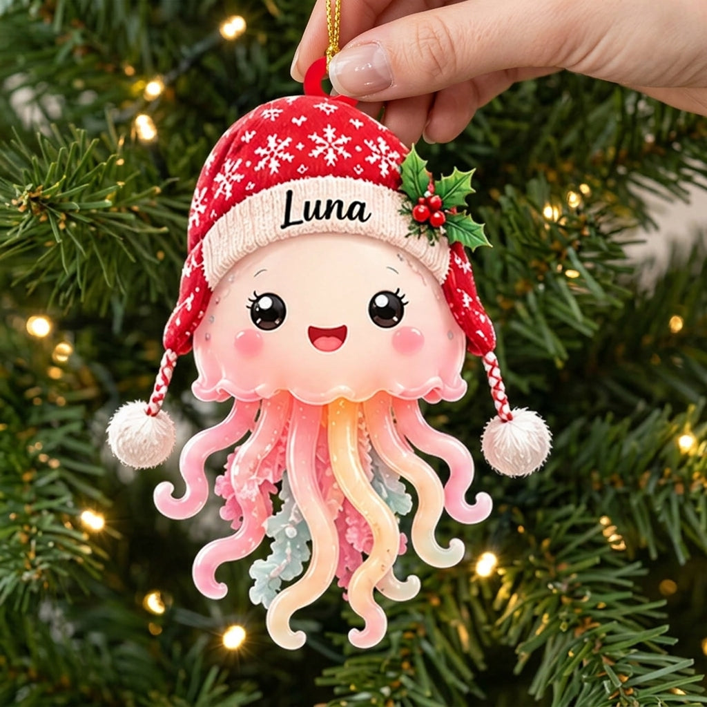 Personalized Cute Jellyfish Smiling Christmas Wood & Acrylic Ornament – Custom Name Holiday Gift - mockup 2
