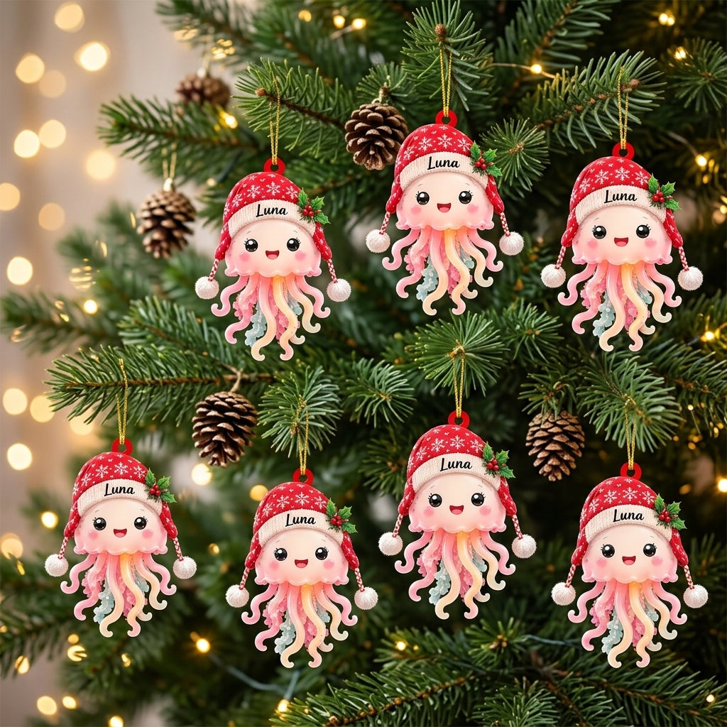 Personalized Cute Jellyfish Smiling Christmas Wood & Acrylic Ornament – Custom Name Holiday Gift - mockup 3