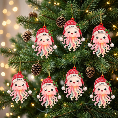 Personalized Cute Jellyfish Smiling Christmas Wood & Acrylic Ornament – Custom Name Holiday Gift - mockup 3