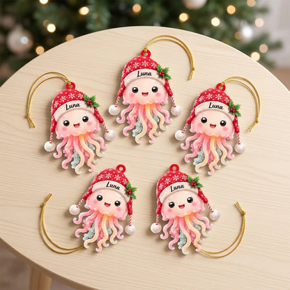 Personalized Cute Jellyfish Smiling Christmas Wood & Acrylic Ornament – Custom Name Holiday Gift - mockup 4
