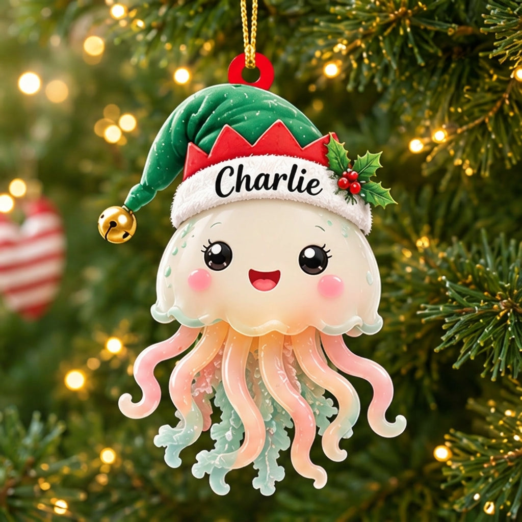 Personalized Cute Jellyfish Smiling with Elf Hat Wood & Acrylic Ornament - Custom Holiday Gift - mockup 1