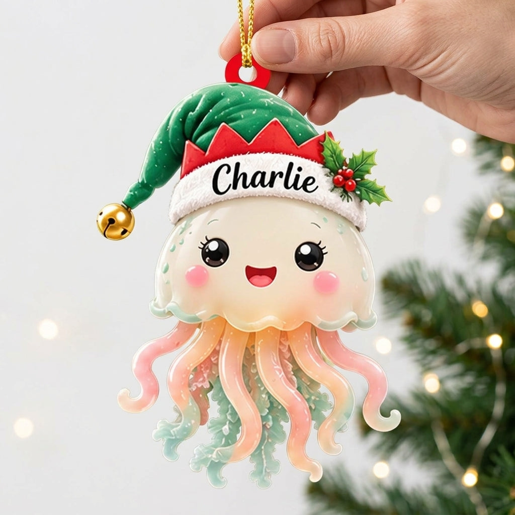 Personalized Cute Jellyfish Smiling with Elf Hat Wood & Acrylic Ornament - Custom Holiday Gift - mockup 2