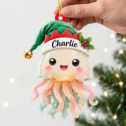Personalized Cute Jellyfish Smiling with Elf Hat Wood & Acrylic Ornament - Custom Holiday Gift - mockup 2