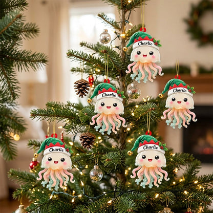 Personalized Cute Jellyfish Smiling with Elf Hat Wood & Acrylic Ornament - Custom Holiday Gift - mockup 3