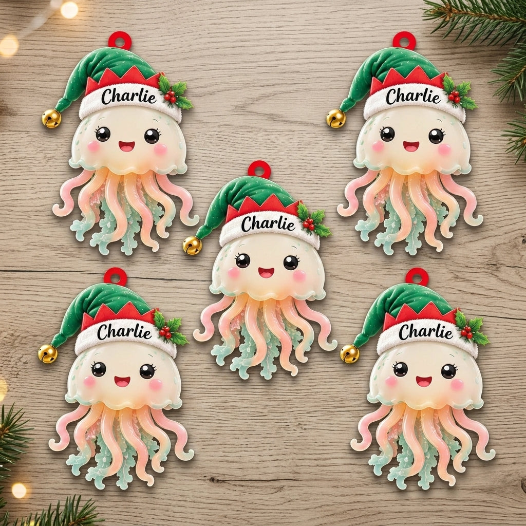 Personalized Cute Jellyfish Smiling with Elf Hat Wood & Acrylic Ornament - Custom Holiday Gift - mockup 4