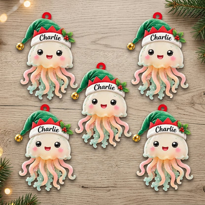 Personalized Cute Jellyfish Smiling with Elf Hat Wood & Acrylic Ornament - Custom Holiday Gift - mockup 4