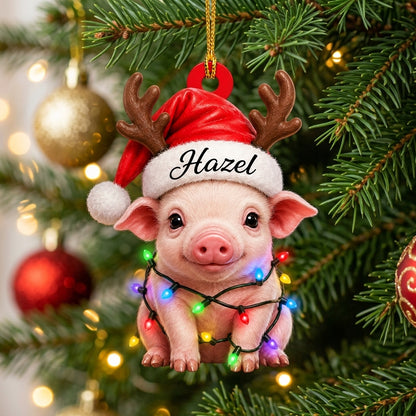 Personalized Cute Smile Pig Christmas Wood & Acrylic Ornament – Custom Holiday Gift - mockup 1