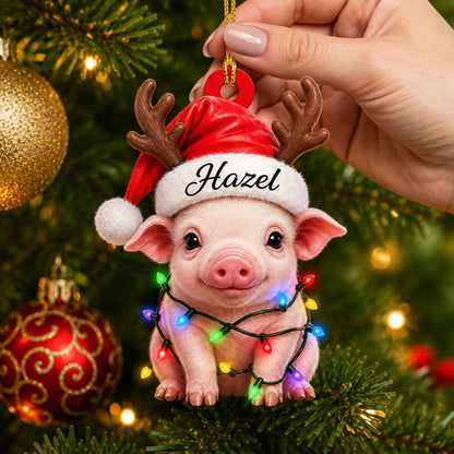 Personalized Cute Smile Pig Christmas Wood & Acrylic Ornament – Custom Holiday Gift - mockup 2