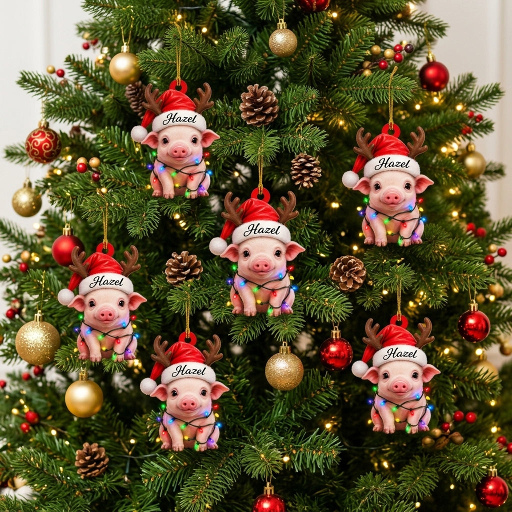 Personalized Cute Smile Pig Christmas Wood & Acrylic Ornament – Custom Holiday Gift - mockup 3