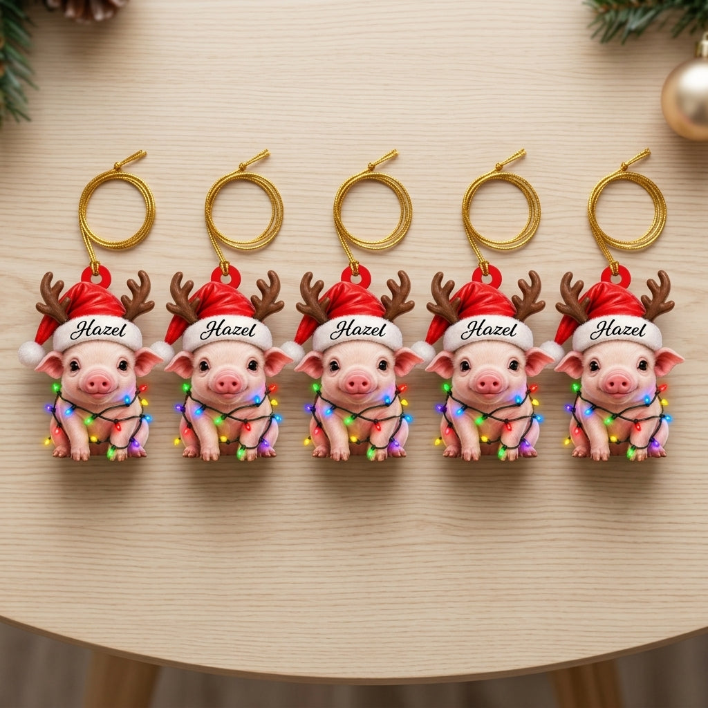 Personalized Cute Smile Pig Christmas Wood & Acrylic Ornament – Custom Holiday Gift - mockup 4