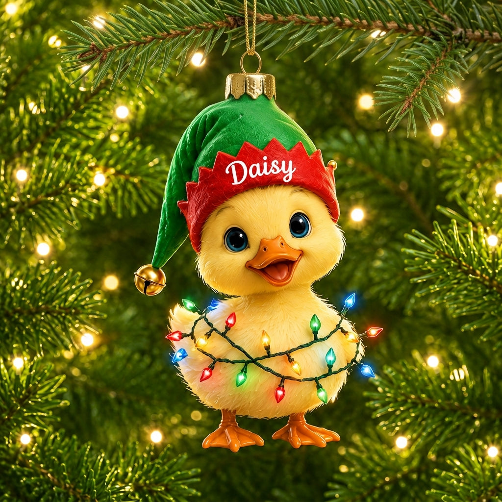 Personalized Cute Duck with Elf Hat Wood & Acrylic Ornament – Custom Holiday Gift - mockup 1