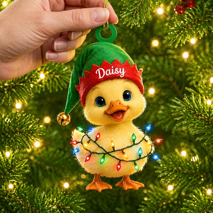Personalized Cute Duck with Elf Hat Wood & Acrylic Ornament – Custom Holiday Gift - mockup 2