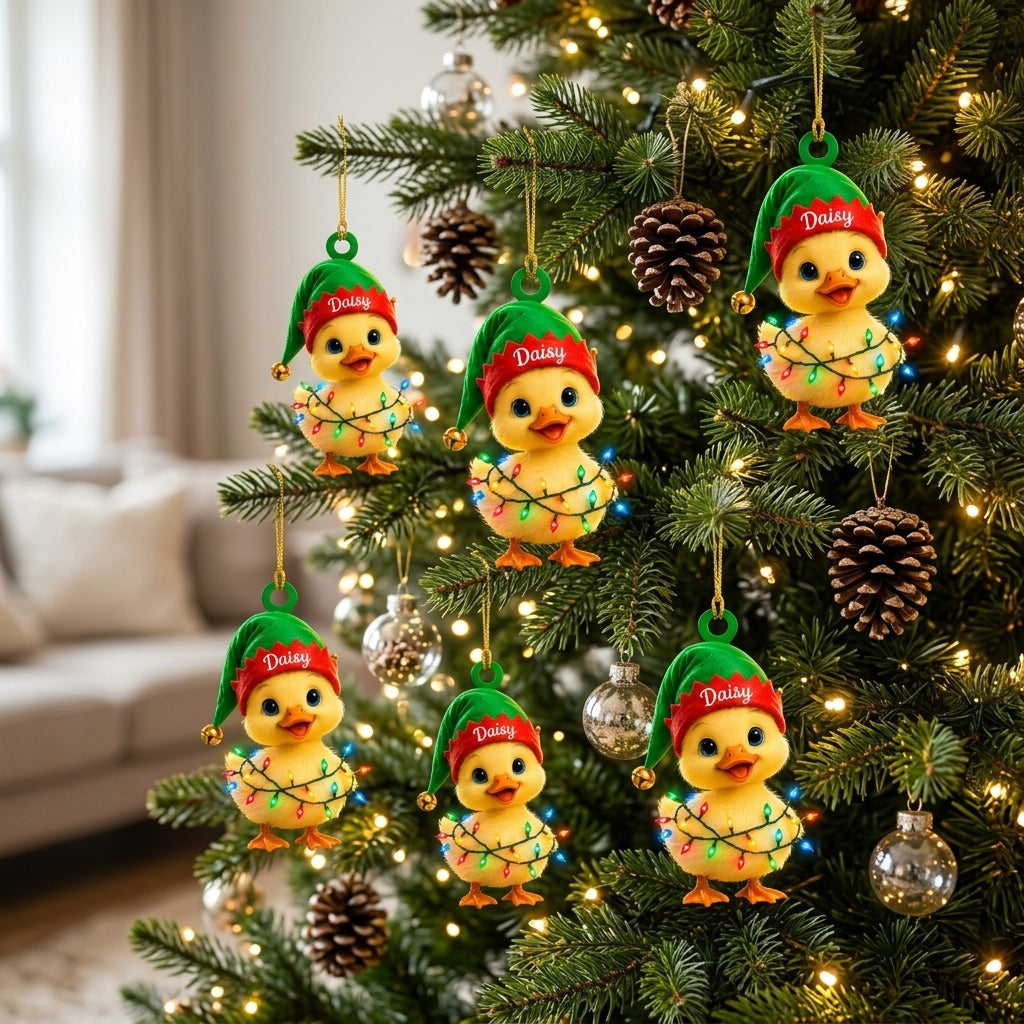 Personalized Cute Duck with Elf Hat Wood & Acrylic Ornament – Custom Holiday Gift - mockup 3