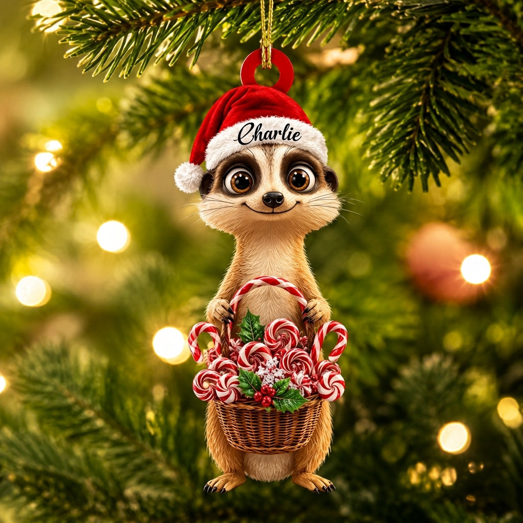 Personalized Meerkat with Christmas Candy Basket Wood & Acrylic Ornament – Holiday Keepsake - mockup 1