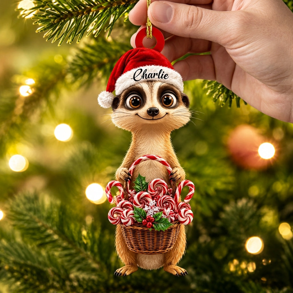 Personalized Meerkat with Christmas Candy Basket Wood & Acrylic Ornament – Holiday Keepsake - mockup 2