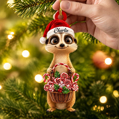 Personalized Meerkat with Christmas Candy Basket Wood & Acrylic Ornament – Holiday Keepsake - mockup 2