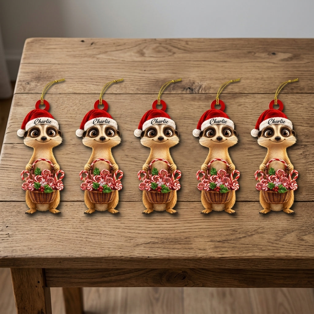 Personalized Meerkat with Christmas Candy Basket Wood & Acrylic Ornament – Holiday Keepsake - mockup 4