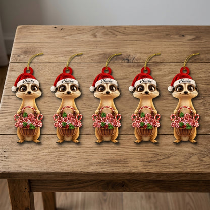 Personalized Meerkat with Christmas Candy Basket Wood & Acrylic Ornament – Holiday Keepsake - mockup 4