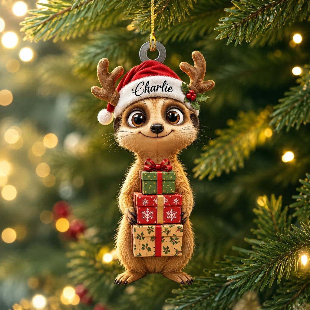 Personalized Meerkat Smile Christmas Gift Box Wood & Acrylic Ornament – Custom Holiday Name - mockup 1