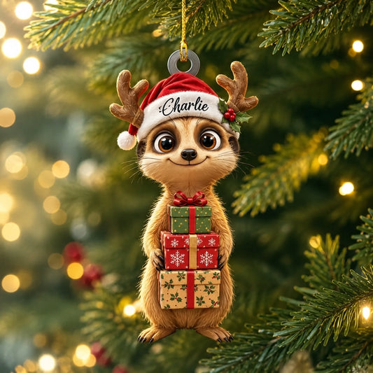 Personalized Meerkat Smile Christmas Gift Box Wood & Acrylic Ornament – Custom Holiday Name - mockup 1