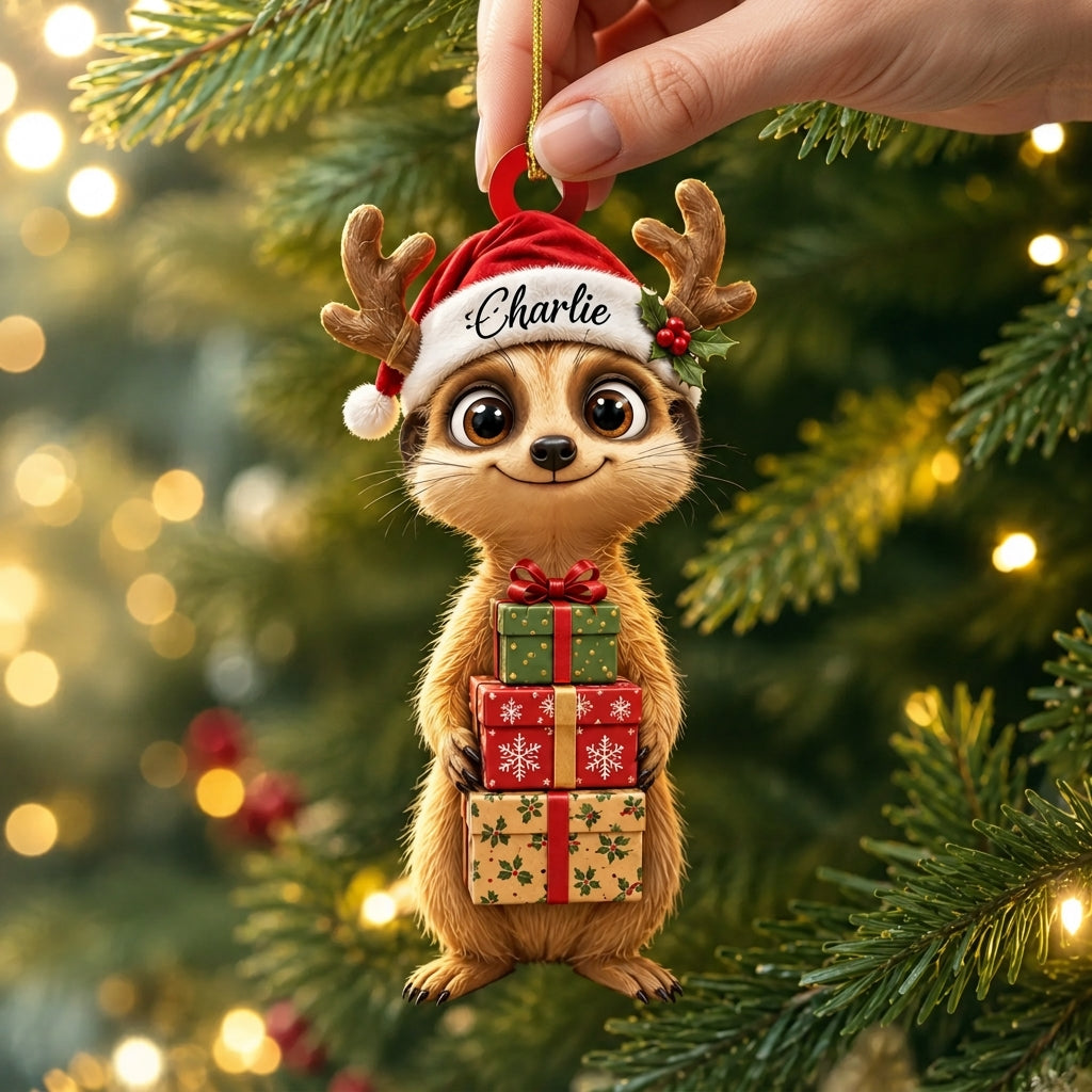 Personalized Meerkat Smile Christmas Gift Box Wood & Acrylic Ornament – Custom Holiday Name - mockup 2