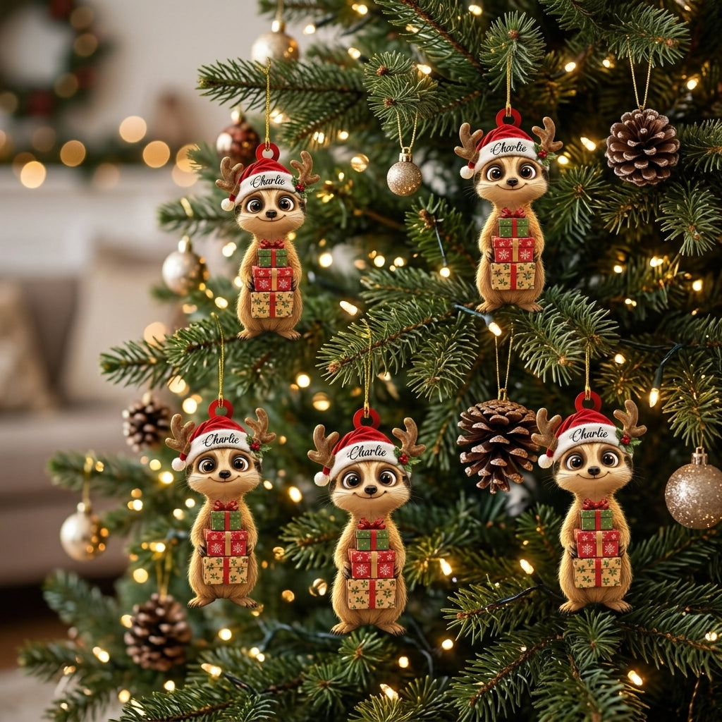Personalized Meerkat Smile Christmas Gift Box Wood & Acrylic Ornament – Custom Holiday Name - mockup 3