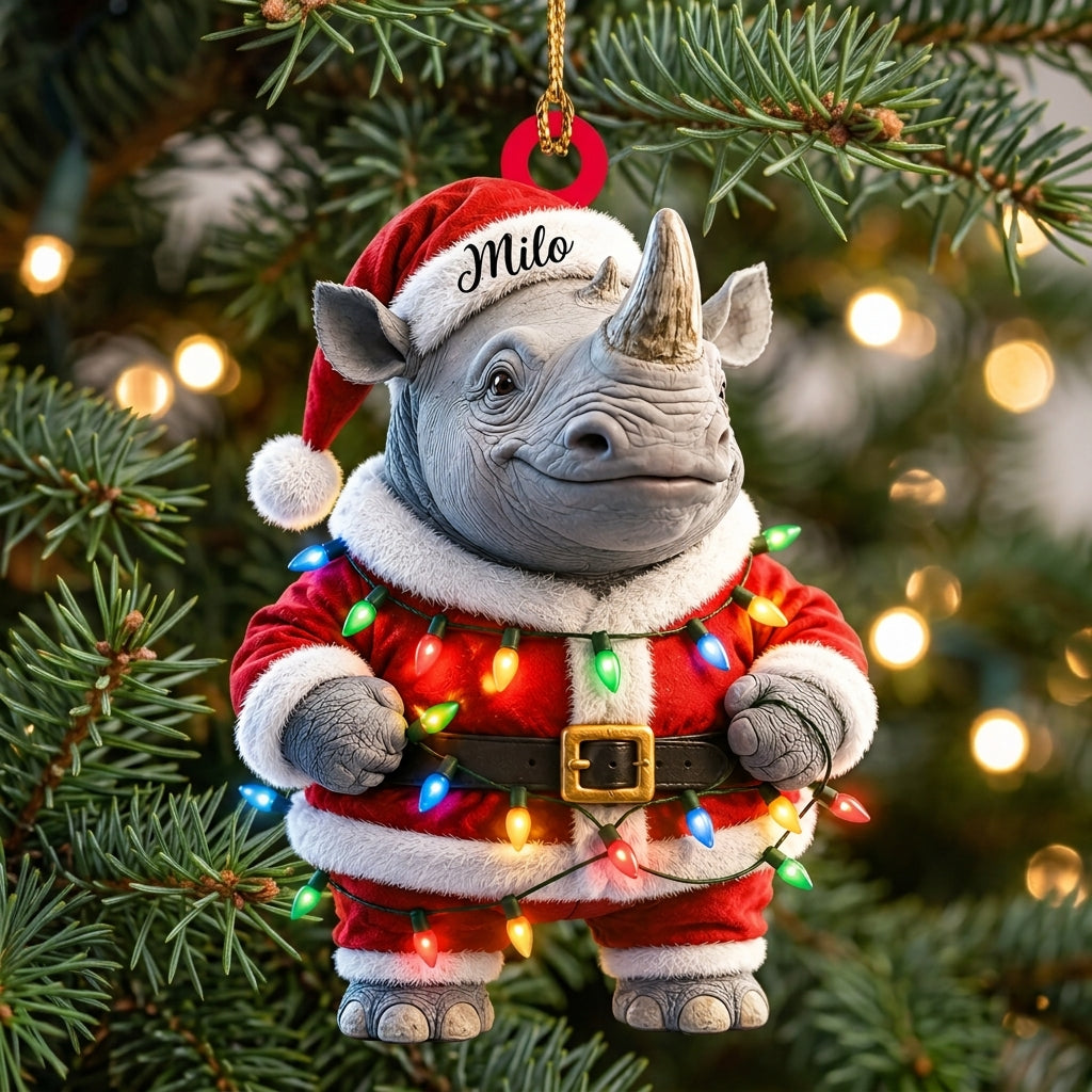 Personalized Rhino With Red Christmas Costume Wood & Acrylic Ornament – Custom Animal Holiday Gift - mockup 1