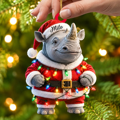 Personalized Rhino With Red Christmas Costume Wood & Acrylic Ornament – Custom Animal Holiday Gift - mockup 2