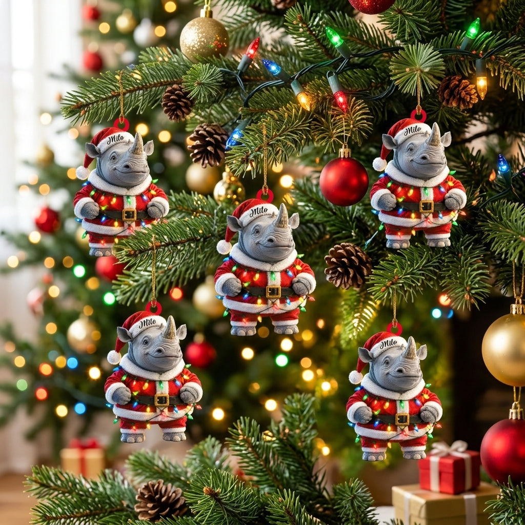 Personalized Rhino With Red Christmas Costume Wood & Acrylic Ornament – Custom Animal Holiday Gift - mockup 3