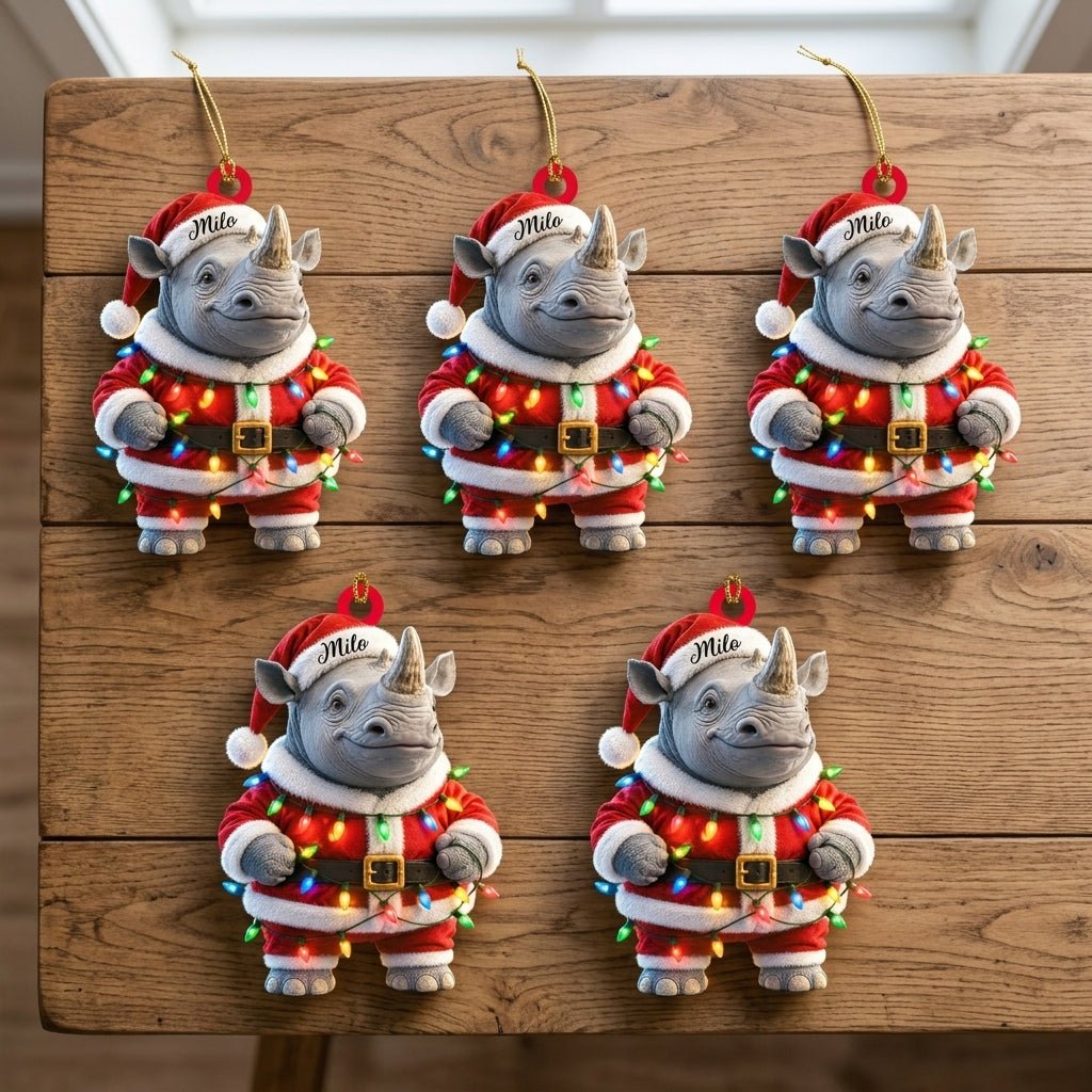 Personalized Rhino With Red Christmas Costume Wood & Acrylic Ornament – Custom Animal Holiday Gift - mockup 4