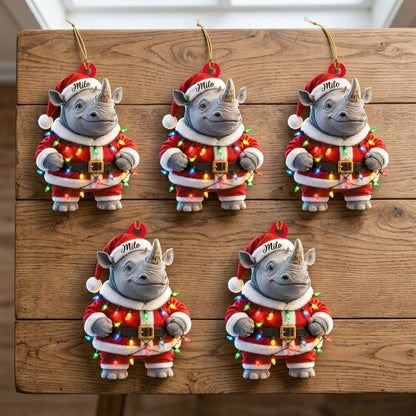 Personalized Rhino With Red Christmas Costume Wood & Acrylic Ornament – Custom Animal Holiday Gift - mockup 4