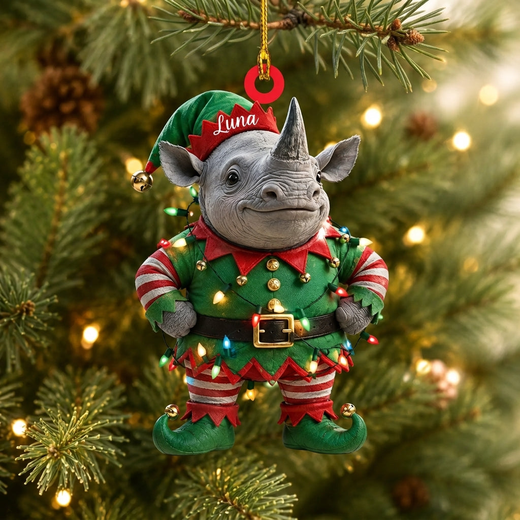 Personalized Rhino With Green Elf Costume Wood & Acrylic Ornament - Festive Holiday Keepsake - mockup 1