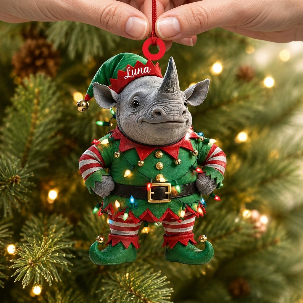 Personalized Rhino With Green Elf Costume Wood & Acrylic Ornament - Festive Holiday Keepsake - mockup 2