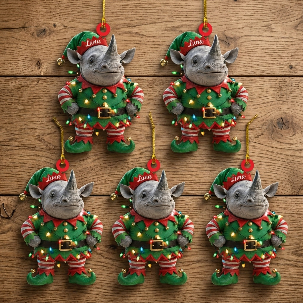 Personalized Rhino With Green Elf Costume Wood & Acrylic Ornament - Festive Holiday Keepsake - mockup 4