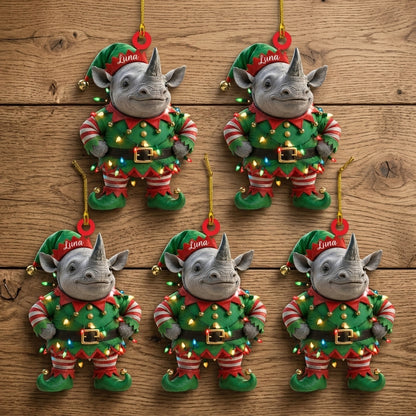 Personalized Rhino With Green Elf Costume Wood & Acrylic Ornament - Festive Holiday Keepsake - mockup 4
