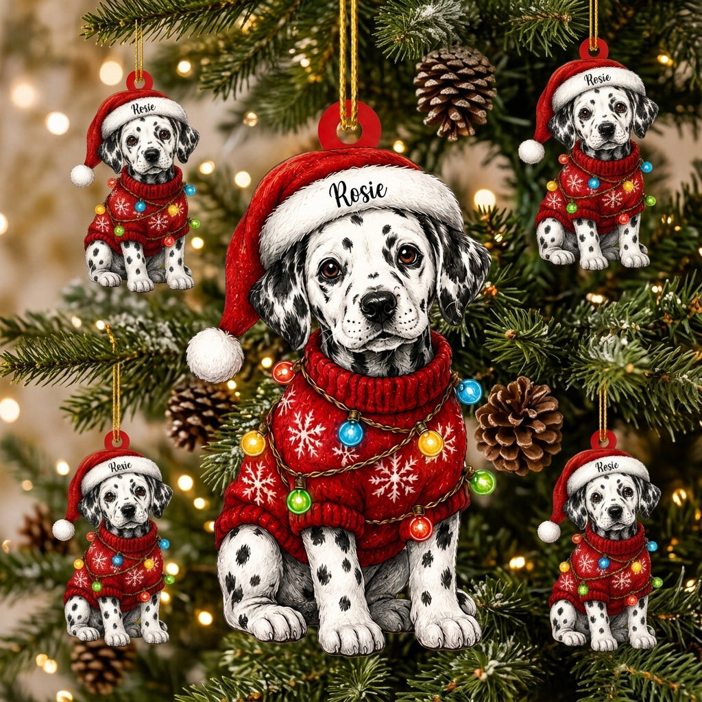 Personalized Cute Sitting Dalmatian Dog with Santa Hat Wood & Acrylic Ornament - Puppy Gift - mockup 3