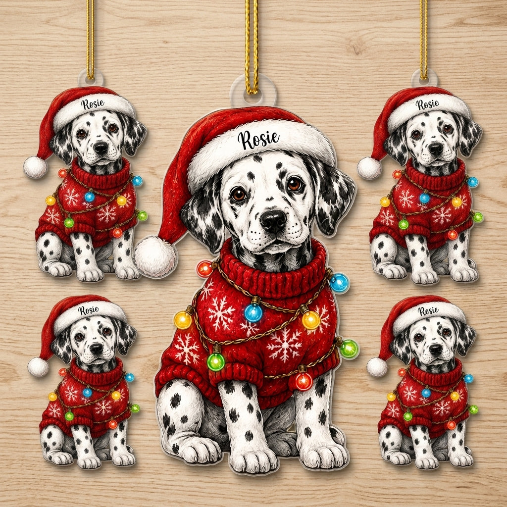 Personalized Cute Sitting Dalmatian Dog with Santa Hat Wood & Acrylic Ornament - Puppy Gift - mockup 4